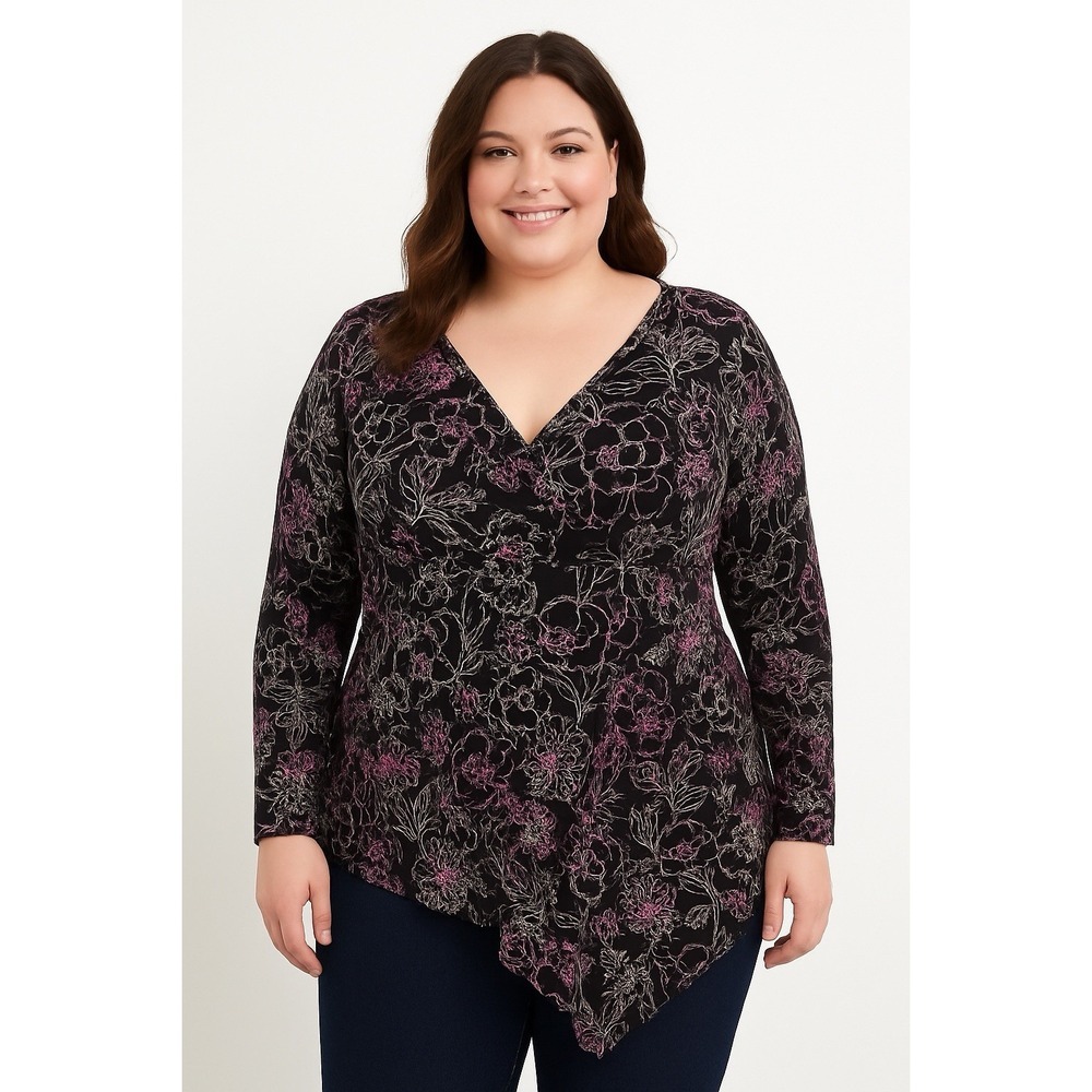 Venezia Womens Blouse Top 18-20‎ Asymmetrical Floral Black  Babydoll Casual